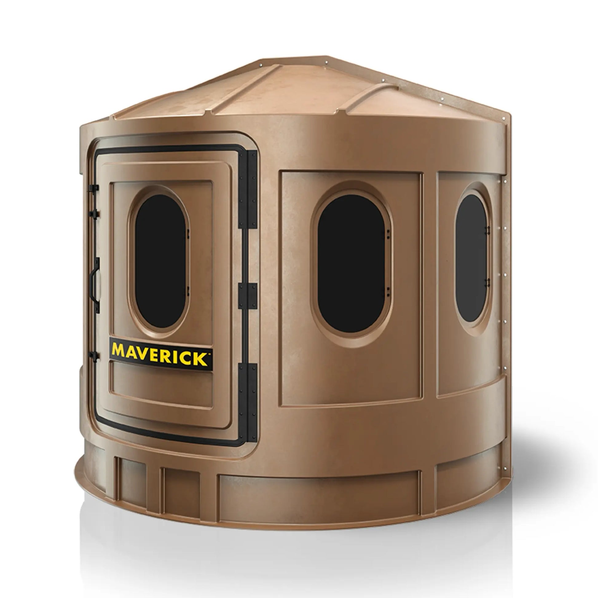 Maverick XL brown deer hunting blind right side view with tinted windows, low-profile ground blind sold by Outdoors For Less