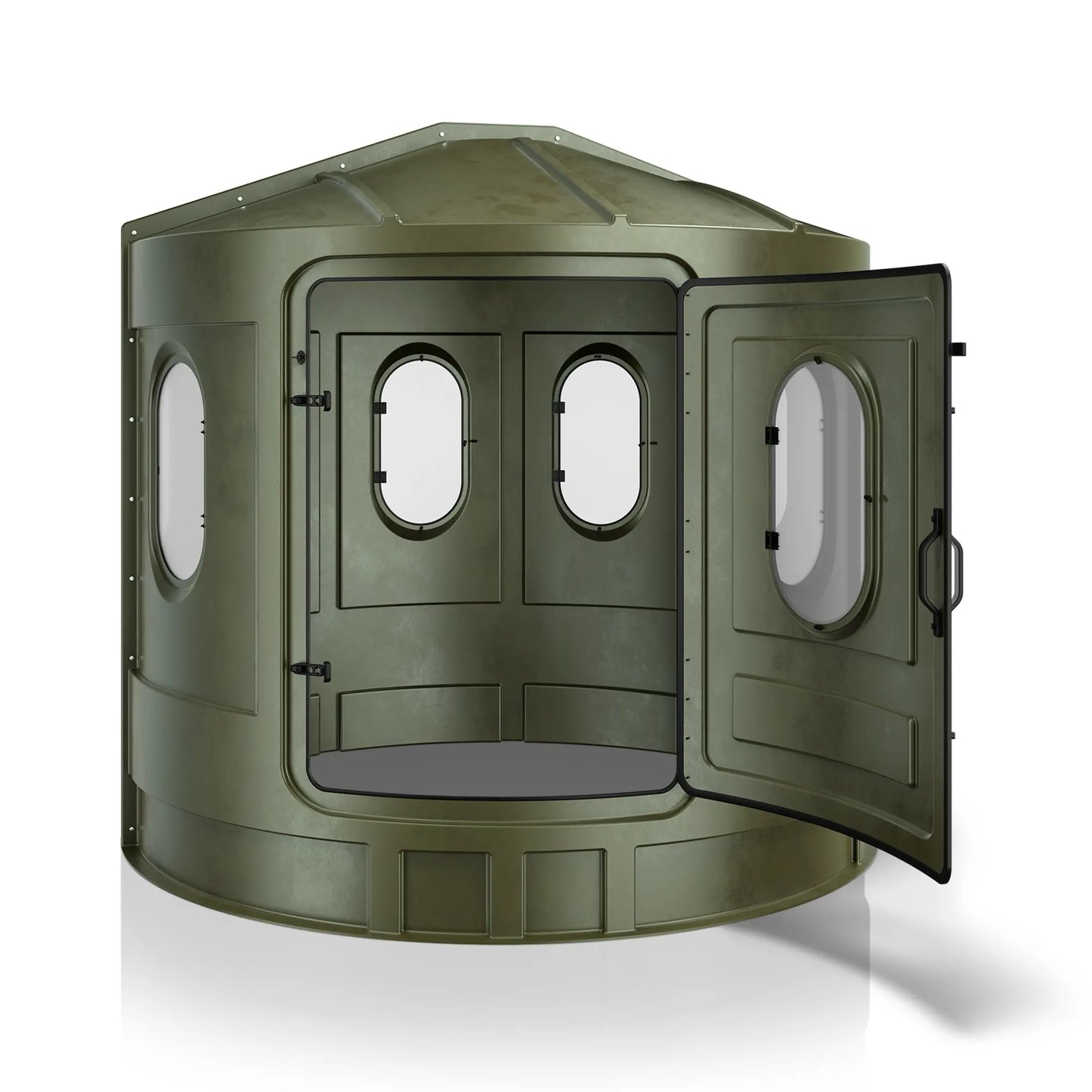 Maverick XL green deer hunting blind with front door open and clear windows, interior access view sold by Outdoors For Less