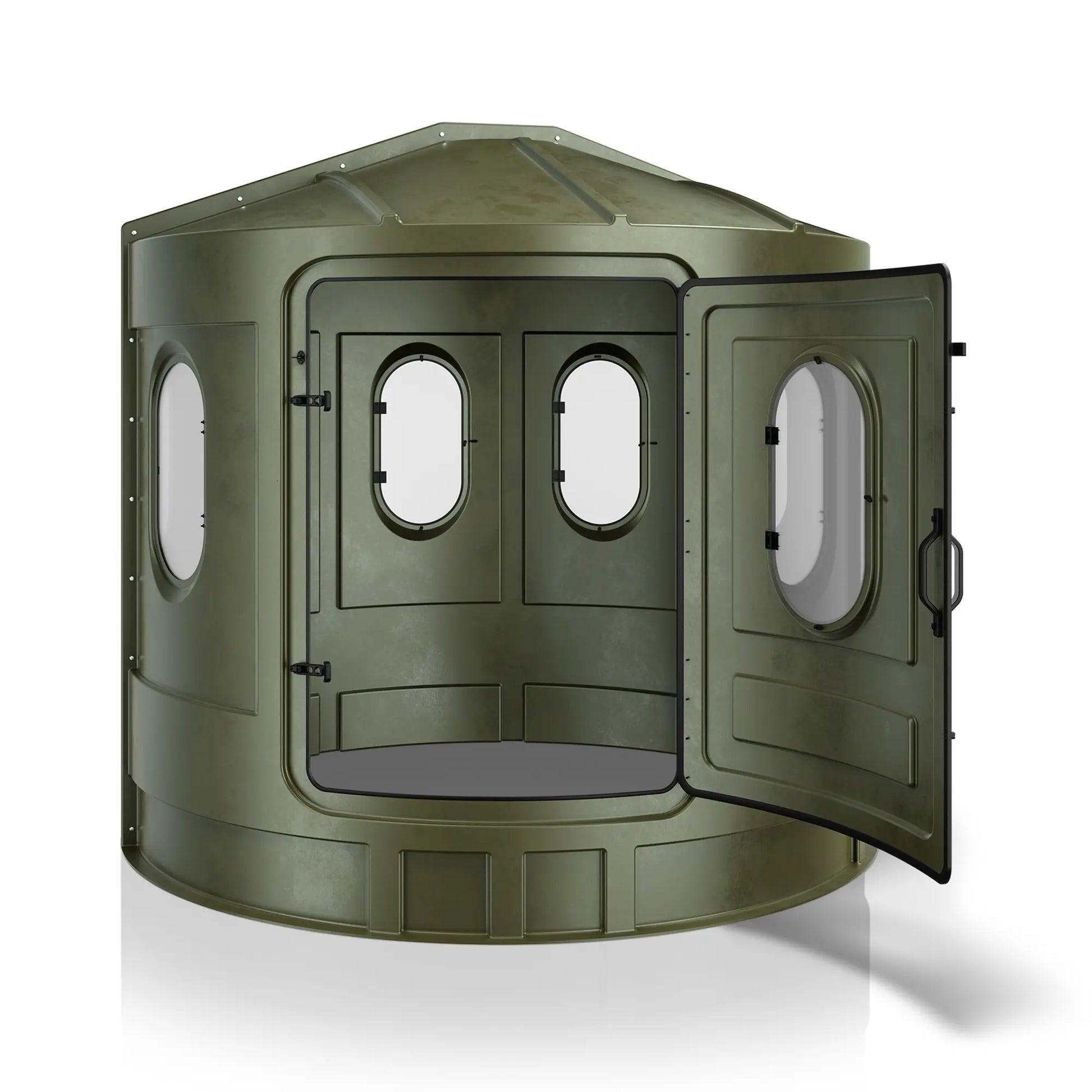 Maverick XL green deer hunting blind with front door open and clear windows, interior access view sold by Outdoors For Less