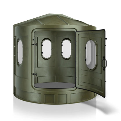 Maverick XL green deer hunting blind with front door open and clear windows, interior access view sold by Outdoors For Less