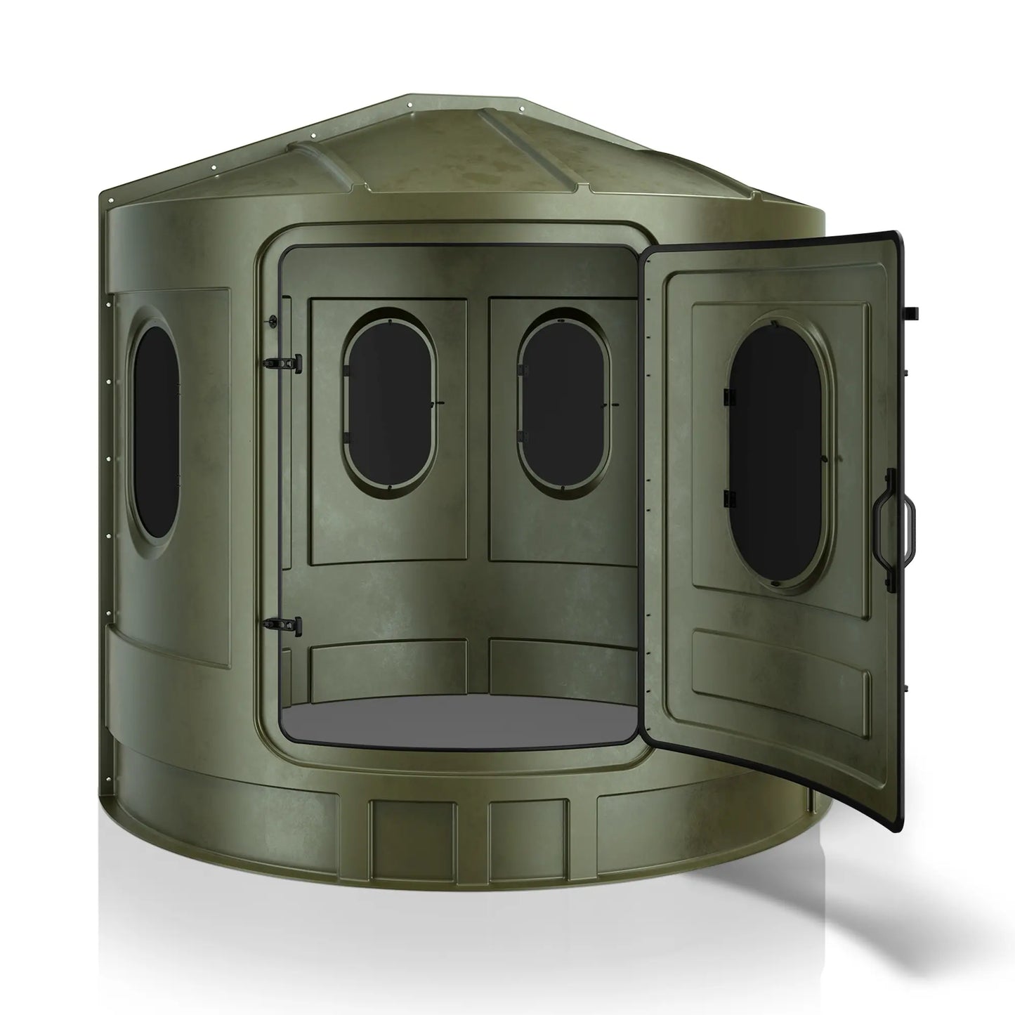 Maverick XL green deer hunting blind with front door open and tinted windows, easy-access ground blind sold by Outdoors For Less