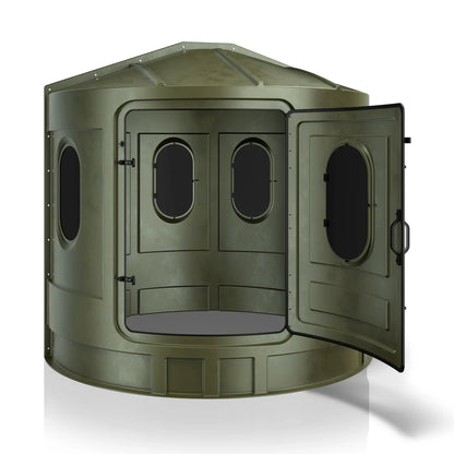 Maverick XL green deer hunting blind with front door open and tinted windows, easy-access ground blind sold by Outdoors For Less