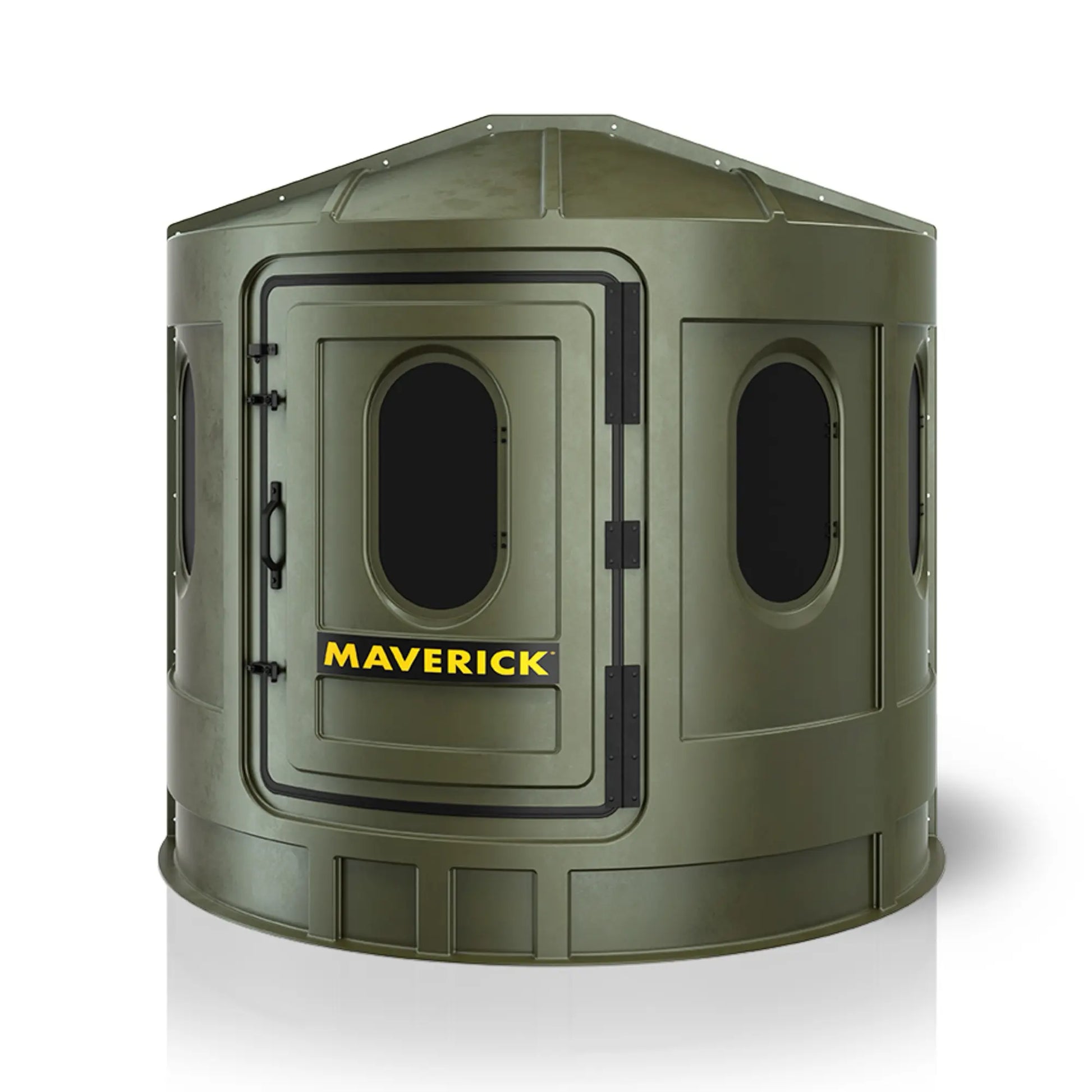 Maverick XL green deer hunting blind front view with tinted windows, low-profile ground blind sold by Outdoors For Less
