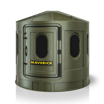 Maverick XL green deer hunting blind front view with tinted windows, low-profile ground blind sold by Outdoors For Less
