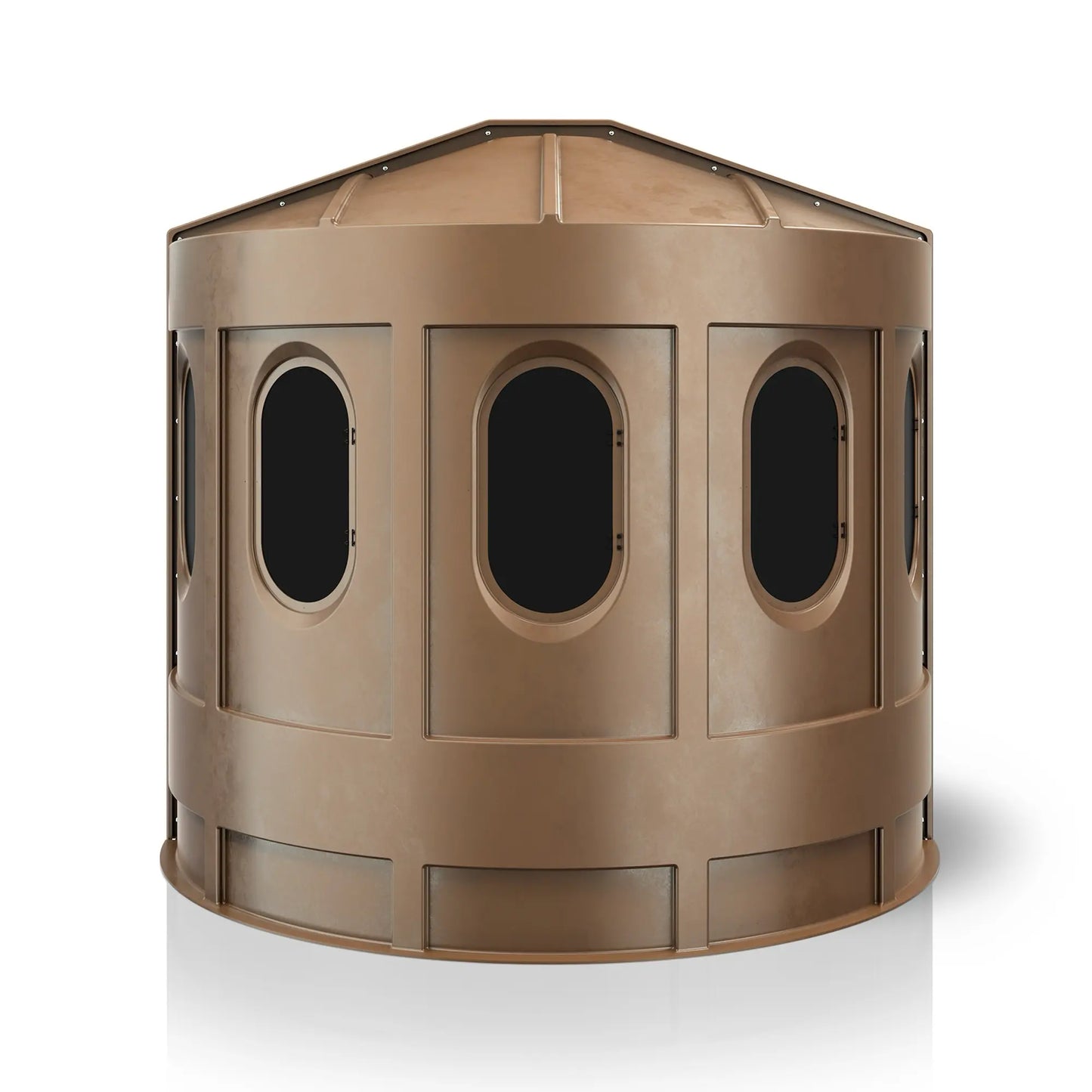 Maverick XL tan deer hunting blind rear view with tinted windows, concealment-focused ground blind sold by Outdoors For Less