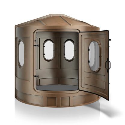 Maverick XL tan deer hunting blind with front door open and clear windows, interior access view sold by Outdoors For Less