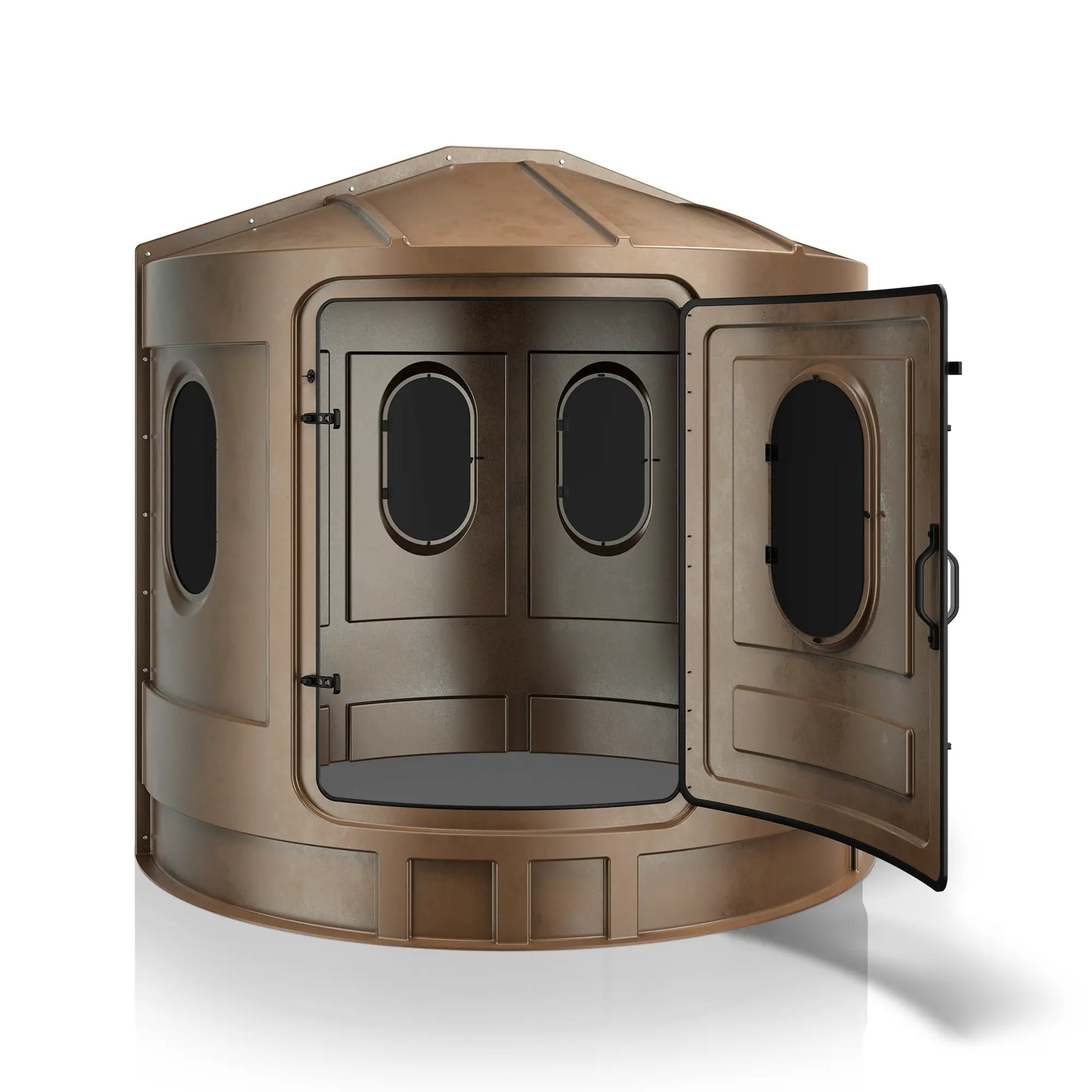 Maverick XL tan deer hunting blind with front door open and tinted windows, easy-access ground blind sold by Outdoors For Less