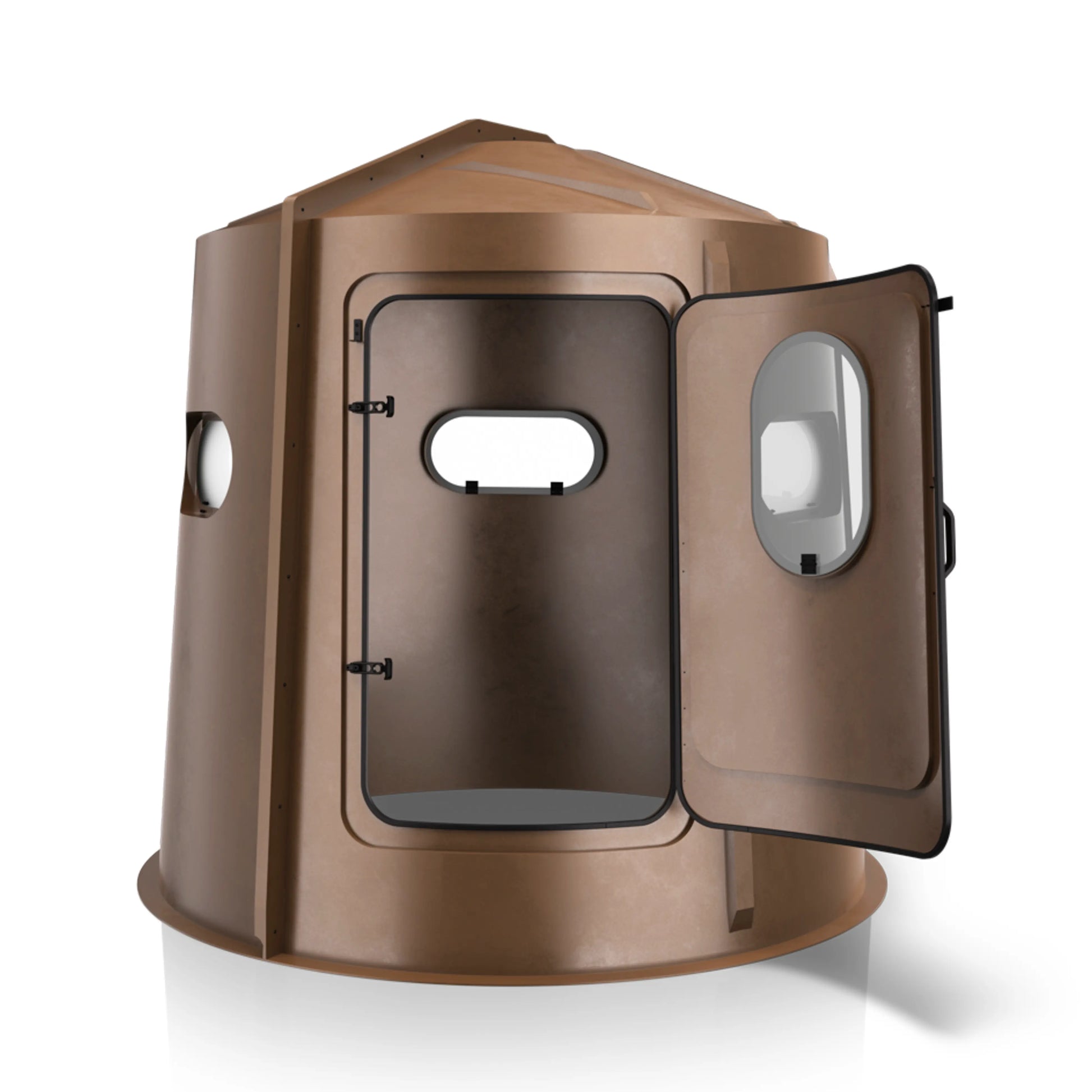 Maverick 5 Shooter GX brown deer hunting blind angled rear view, durable ground blind sold by Outdoors For Less