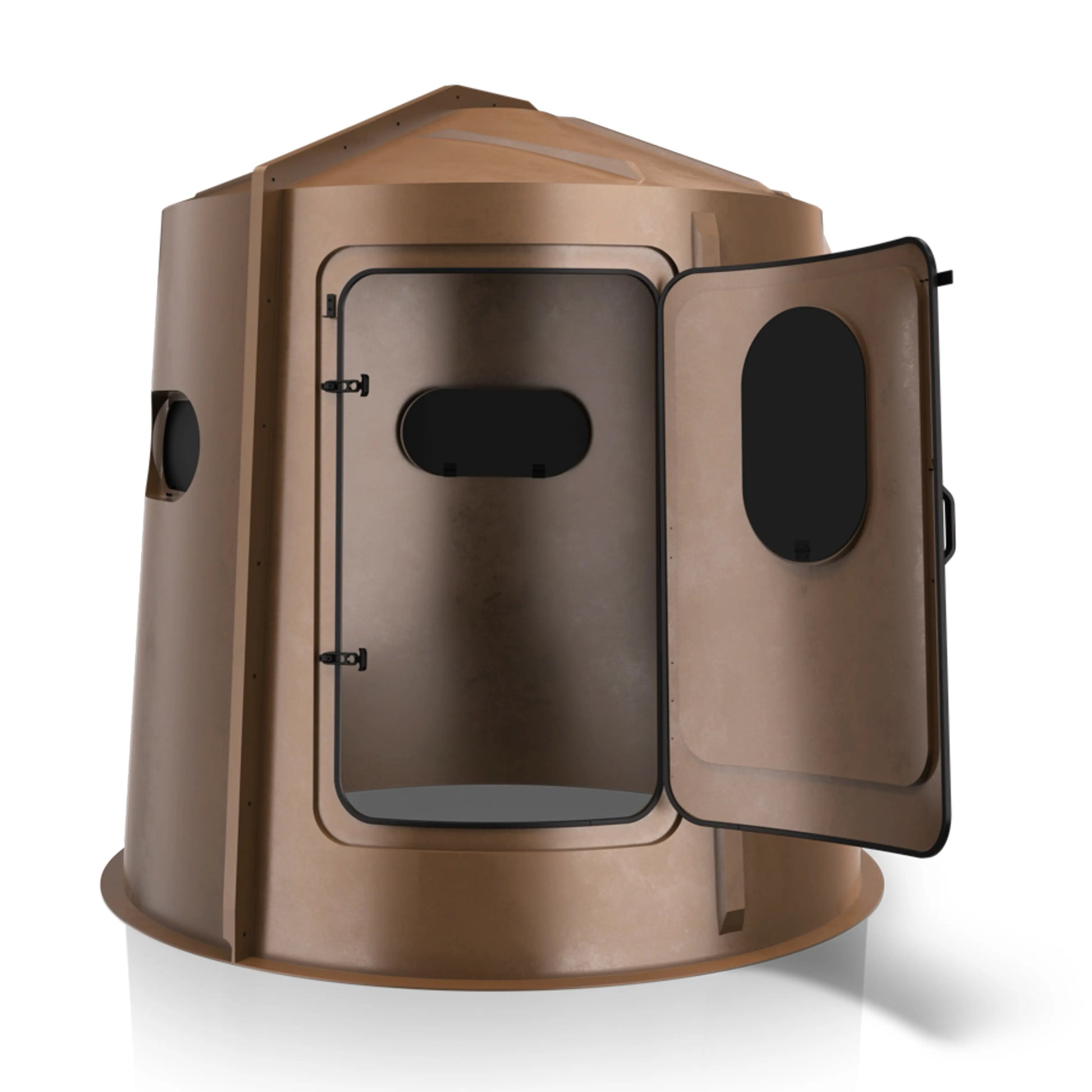 Maverick 5 Shooter GX brown deer hunting blind rear view, compact concealed ground blind sold by Outdoors For Less