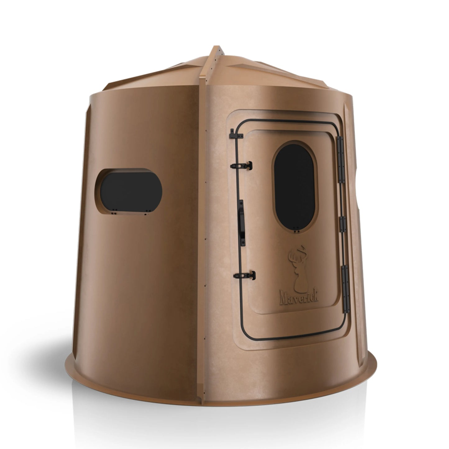 Maverick 5 Shooter GX brown deer hunting blind right side view, durable molded ground blind sold by Outdoors For Less