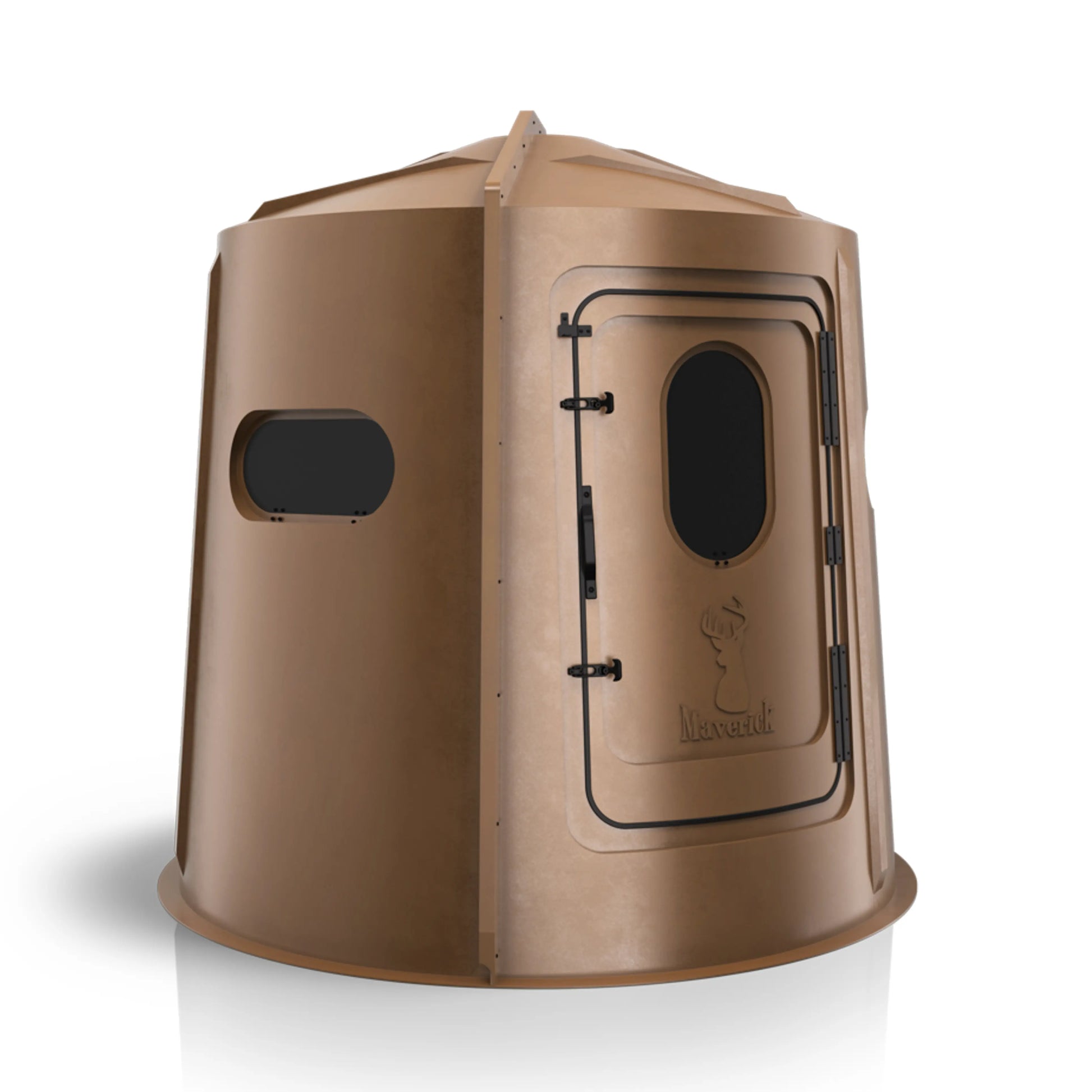 Maverick 5 Shooter GX brown deer hunting blind right side view, durable molded ground blind sold by Outdoors For Less