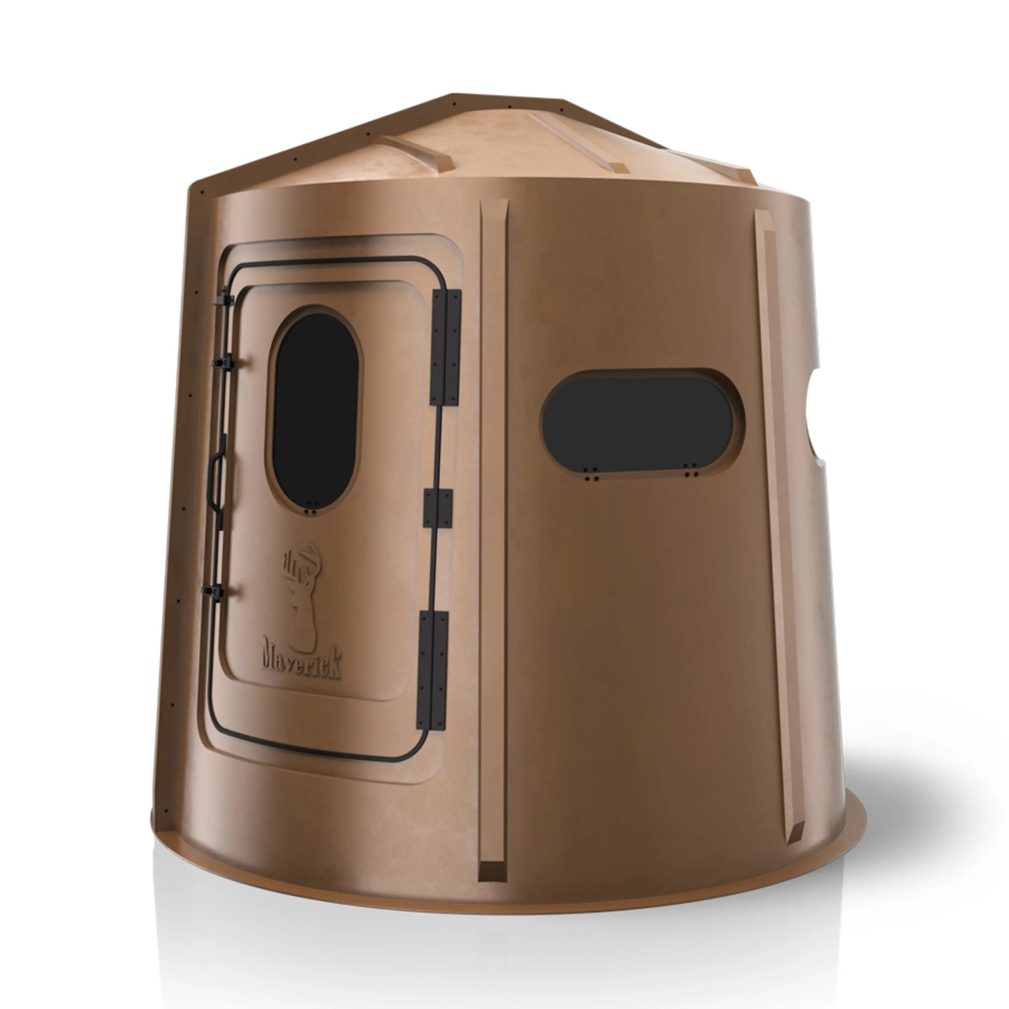 Maverick 5 Shooter GX brown deer hunting blind angled front view, low-profile ground blind sold by Outdoors For Less