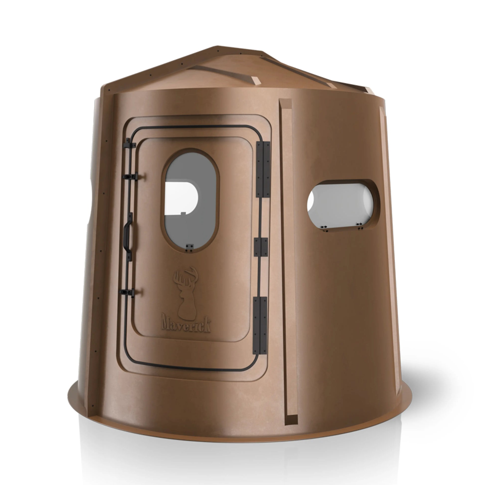 Maverick 5 Shooter GX brown deer hunting blind angled front view with shooting windows, compact ground blind sold by Outdoors For Less