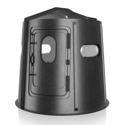 Maverick 5 Shooter GX black deer hunting blind front view showing window layout, compact ground blind sold by Outdoors For Less