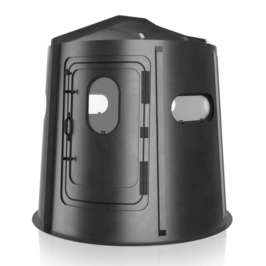 Maverick 5 Shooter GX black deer hunting blind front view showing window layout, compact ground blind sold by Outdoors For Less