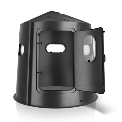 Maverick 5 Shooter GX black deer hunting blind angled rear view, durable molded ground blind sold by Outdoors For Less