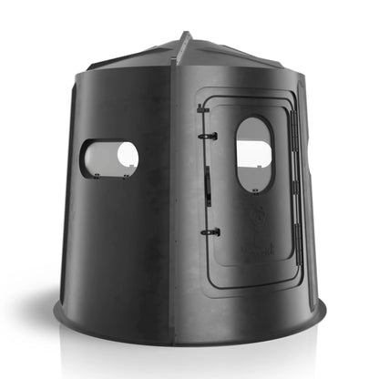 Maverick 5 Shooter GX black deer hunting blind angled front view, wide-visibility ground blind sold by Outdoors For Less