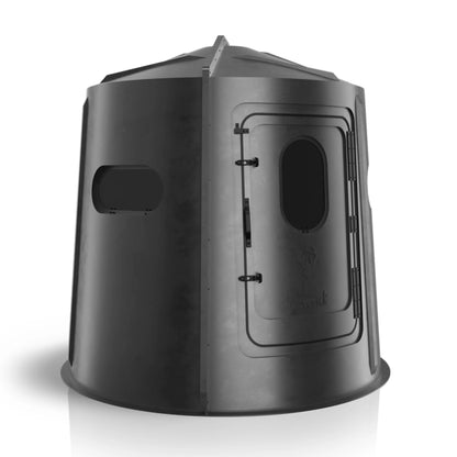 Maverick 5 Shooter GX black deer hunting blind front view with shooting windows, low-profile ground blind sold by Outdoors For Less