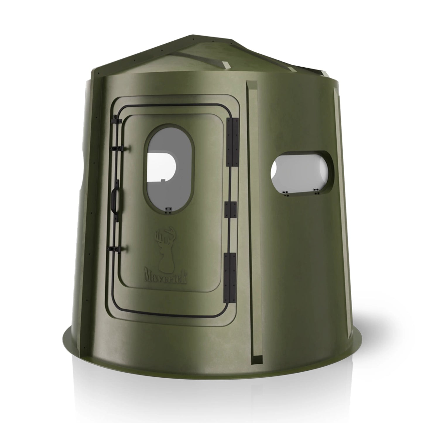 Maverick 5 Shooter GX green deer hunting blind front view showing window layout, compact ground blind sold by Outdoors For Less