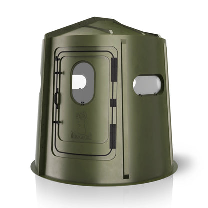 Maverick 5 Shooter GX green deer hunting blind front view showing window layout, compact ground blind sold by Outdoors For Less