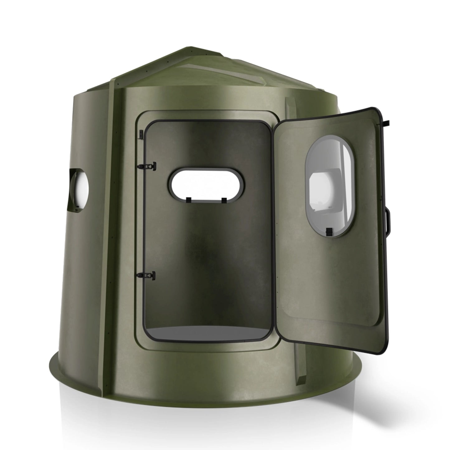 Maverick 5 Shooter GX green deer hunting blind angled rear view, durable molded ground blind sold by Outdoors For Less