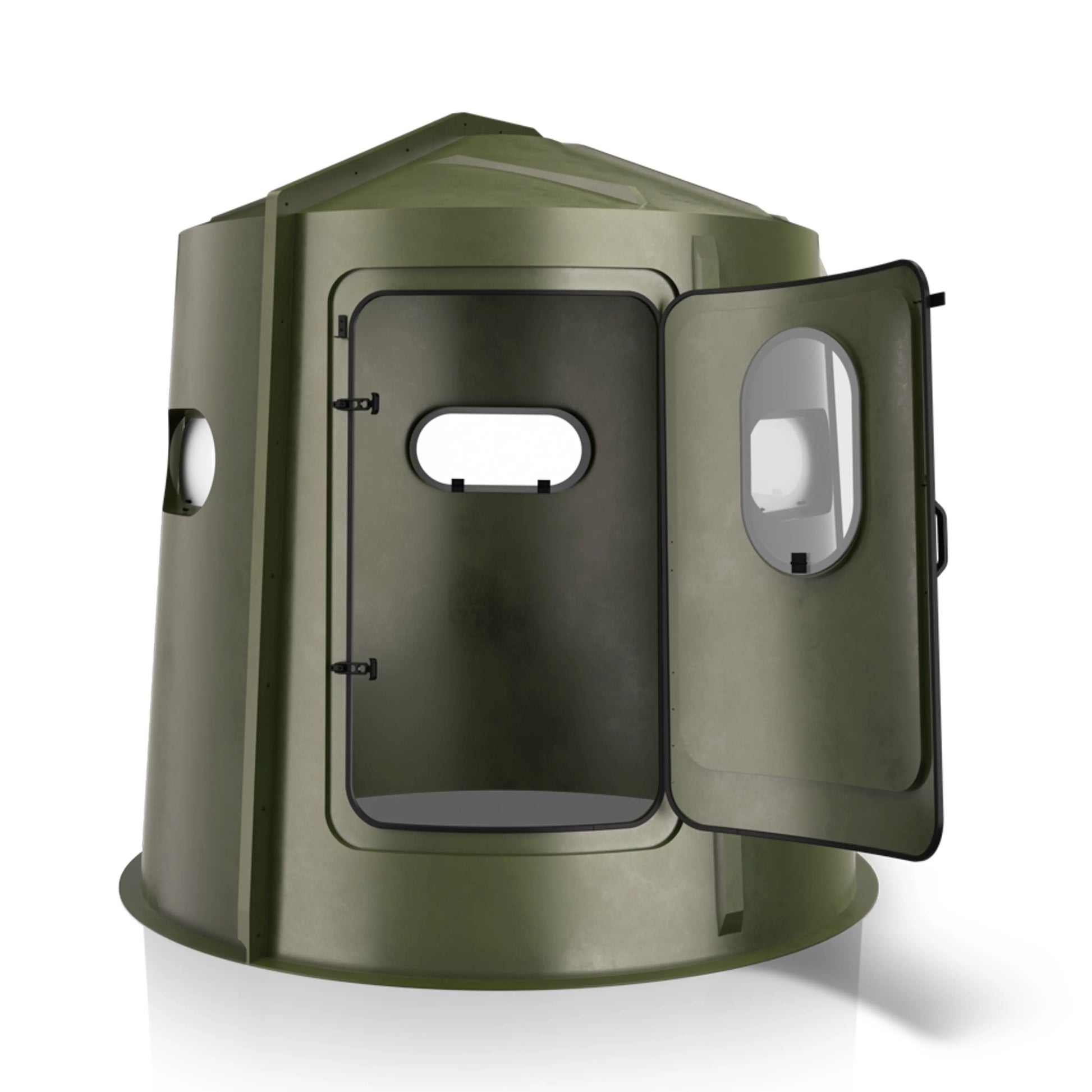 Maverick 5 Shooter GX green deer hunting blind angled rear view, durable molded ground blind sold by Outdoors For Less