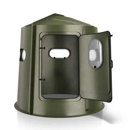 Maverick 5 Shooter GX green deer hunting blind angled rear view, durable molded ground blind sold by Outdoors For Less