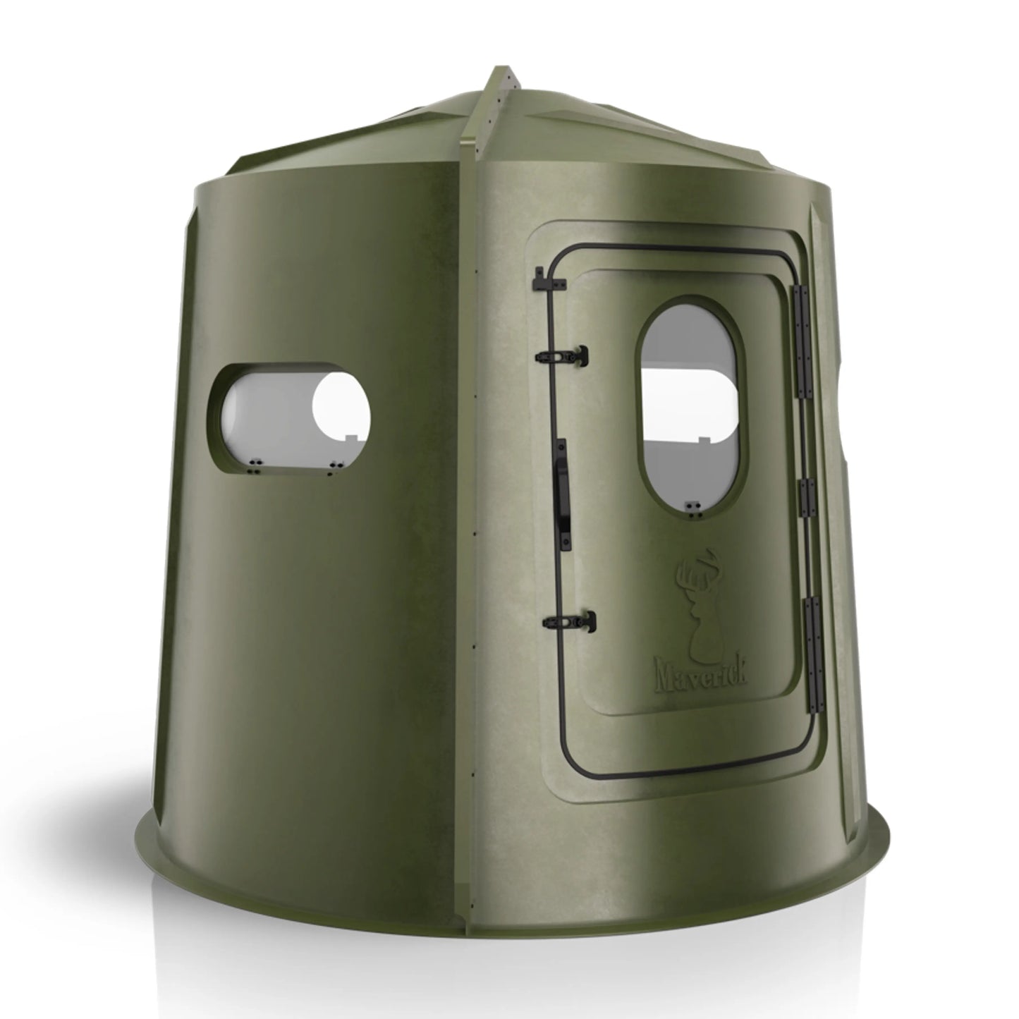 Maverick 5 Shooter GX green deer hunting blind angled front view, all-around visibility ground blind sold by Outdoors For Less