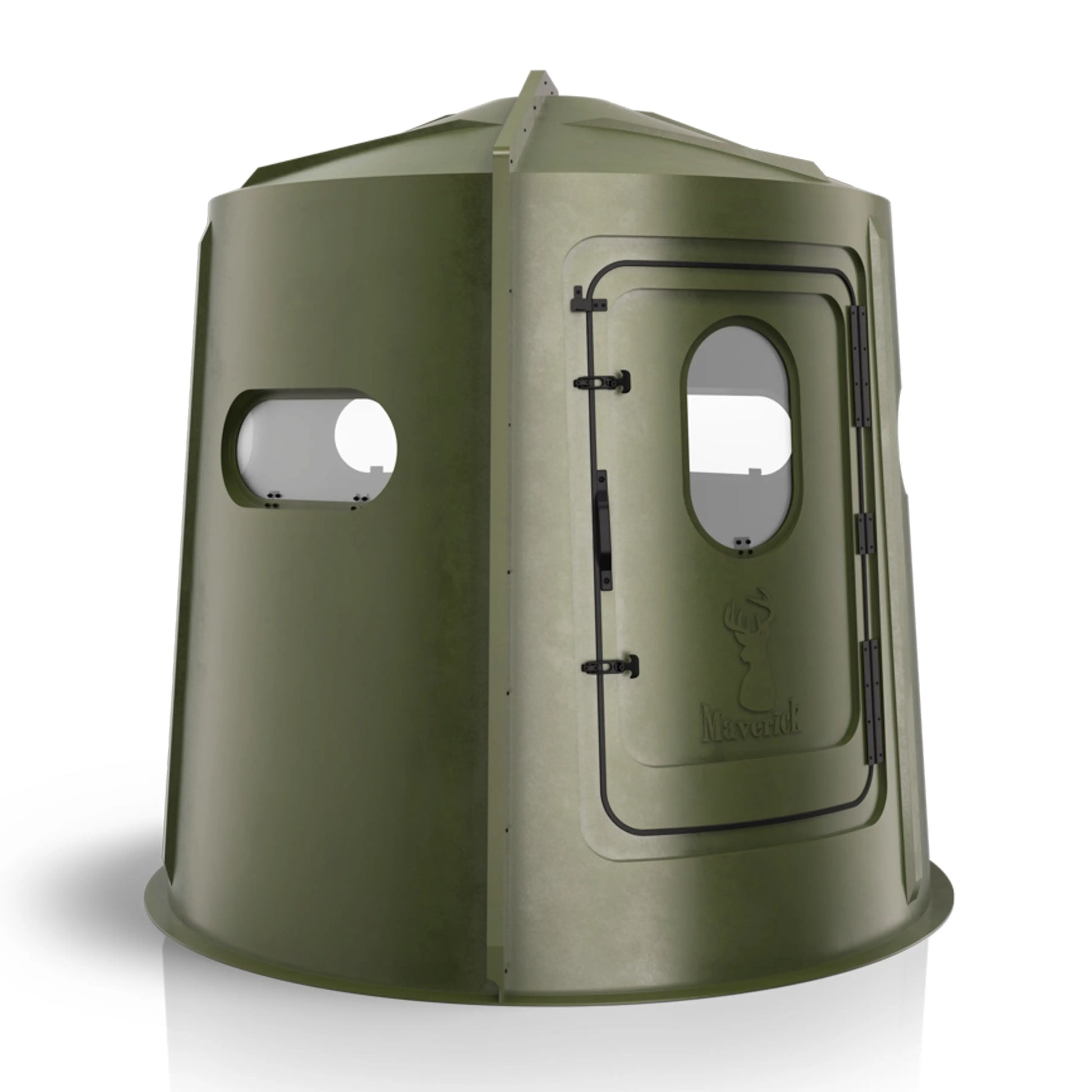 Maverick 5 Shooter GX green deer hunting blind angled front view, all-around visibility ground blind sold by Outdoors For Less