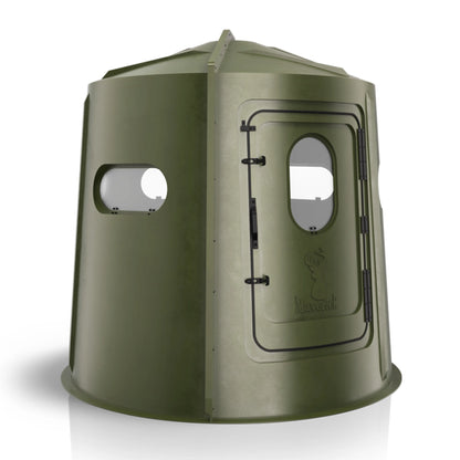 Maverick 5 Shooter GX green deer hunting blind angled front view, all-around visibility ground blind sold by Outdoors For Less