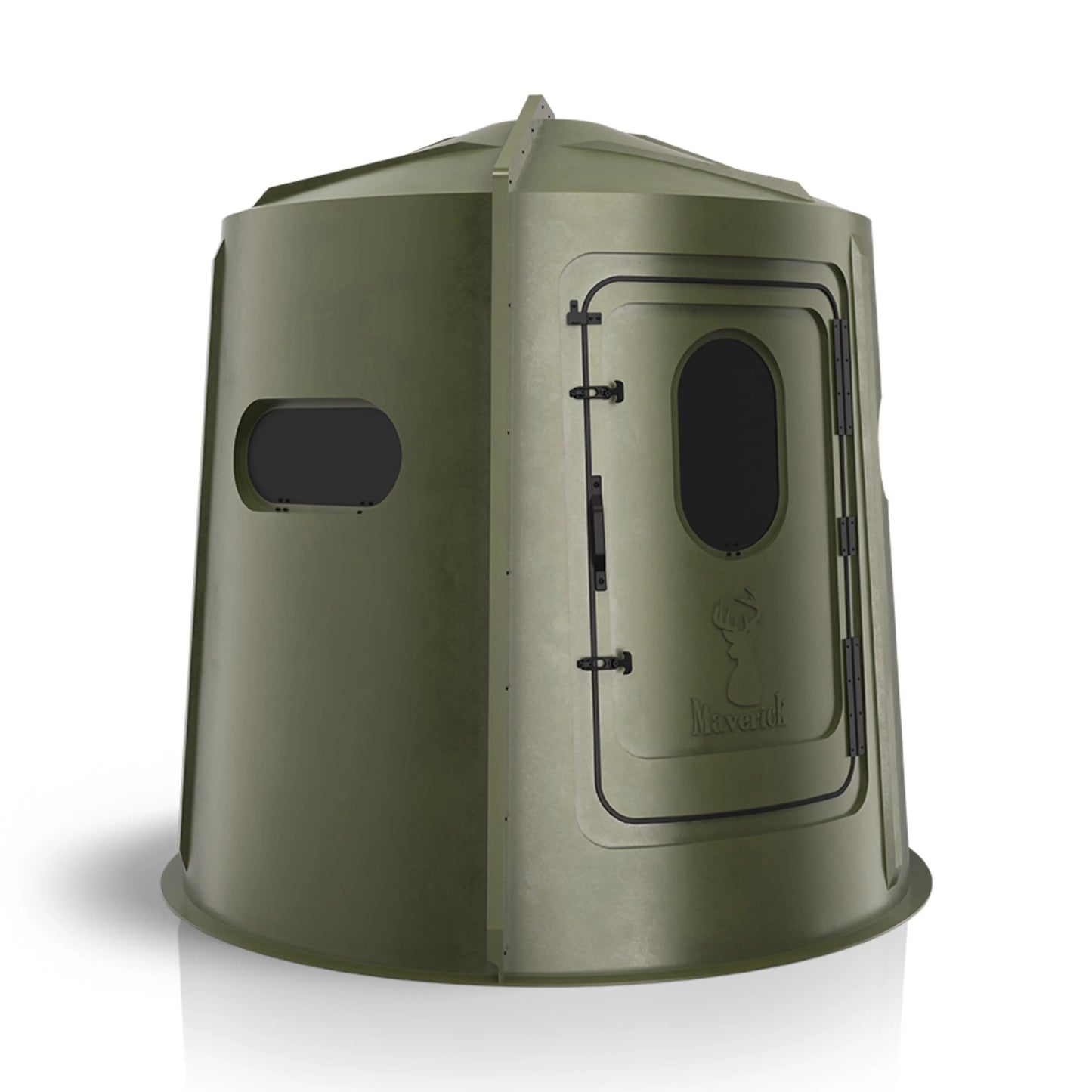 Maverick 5 Shooter GX green deer hunting blind front view with shooting windows, low-profile ground blind sold by Outdoors For Less