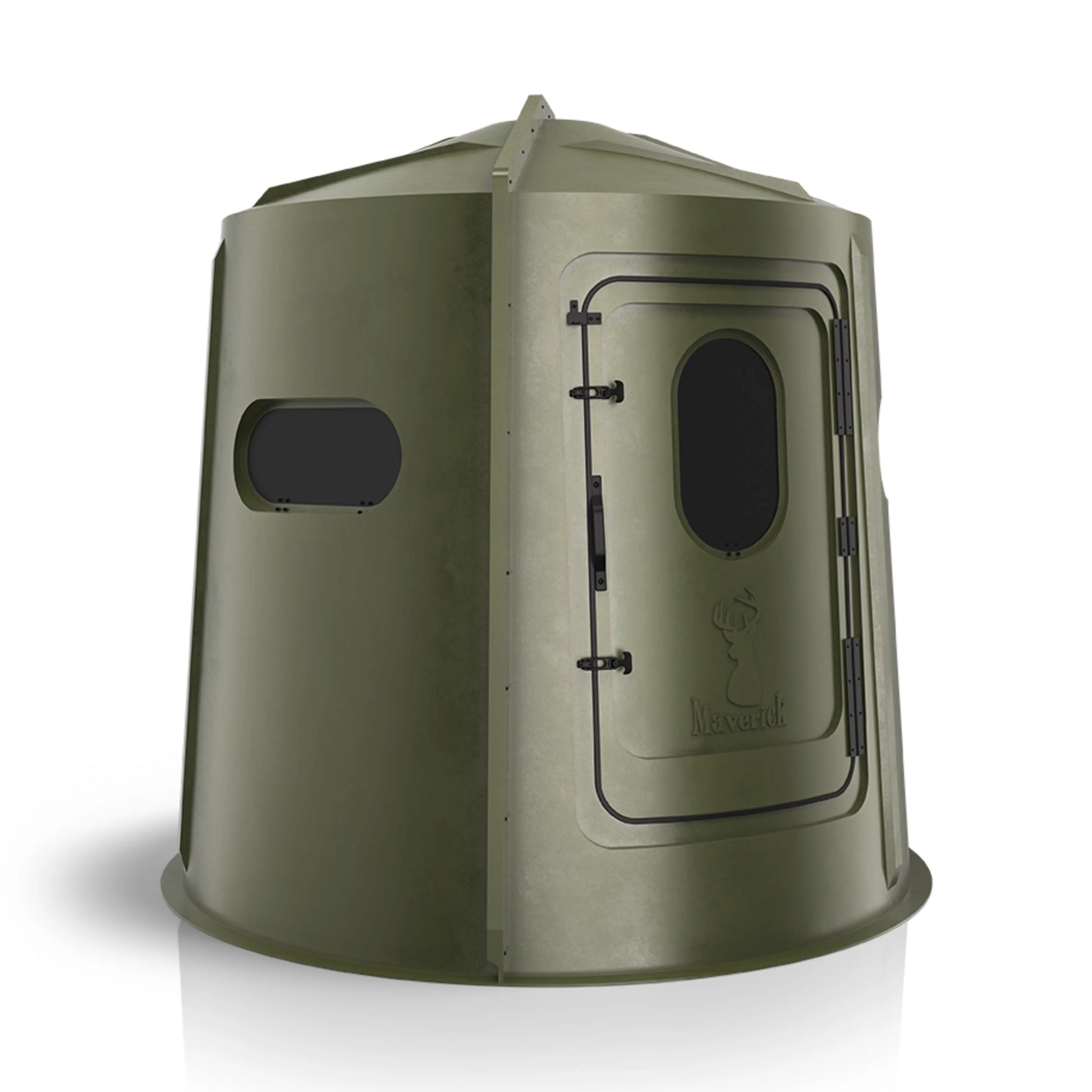 Maverick 5 Shooter GX green deer hunting blind front view with shooting windows, low-profile ground blind sold by Outdoors For Less