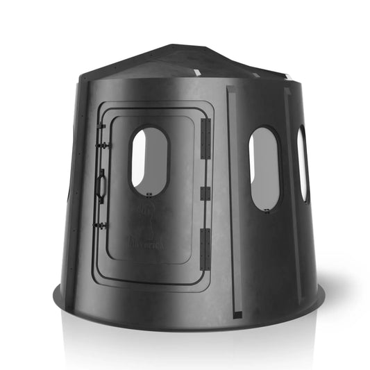 Maverick 6 Shooter black deer hunting blind front view with clear windows, wide-visibility ground blind sold by Outdoors For Less