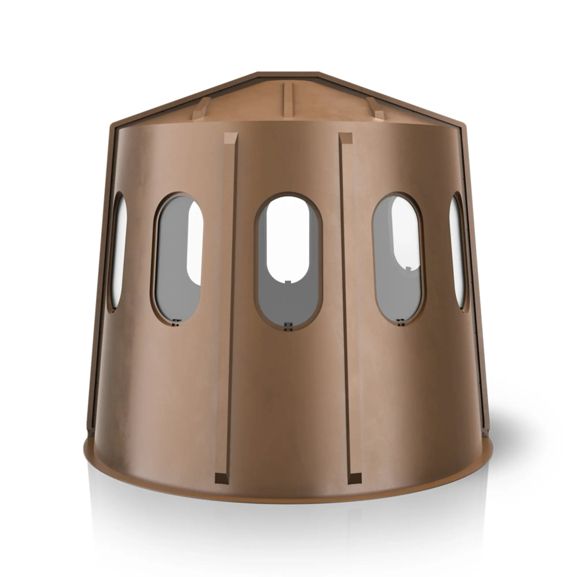 Maverick 6 Shooter brown deer hunting blind rear view with clear windows, durable ground blind sold by Outdoors For Less