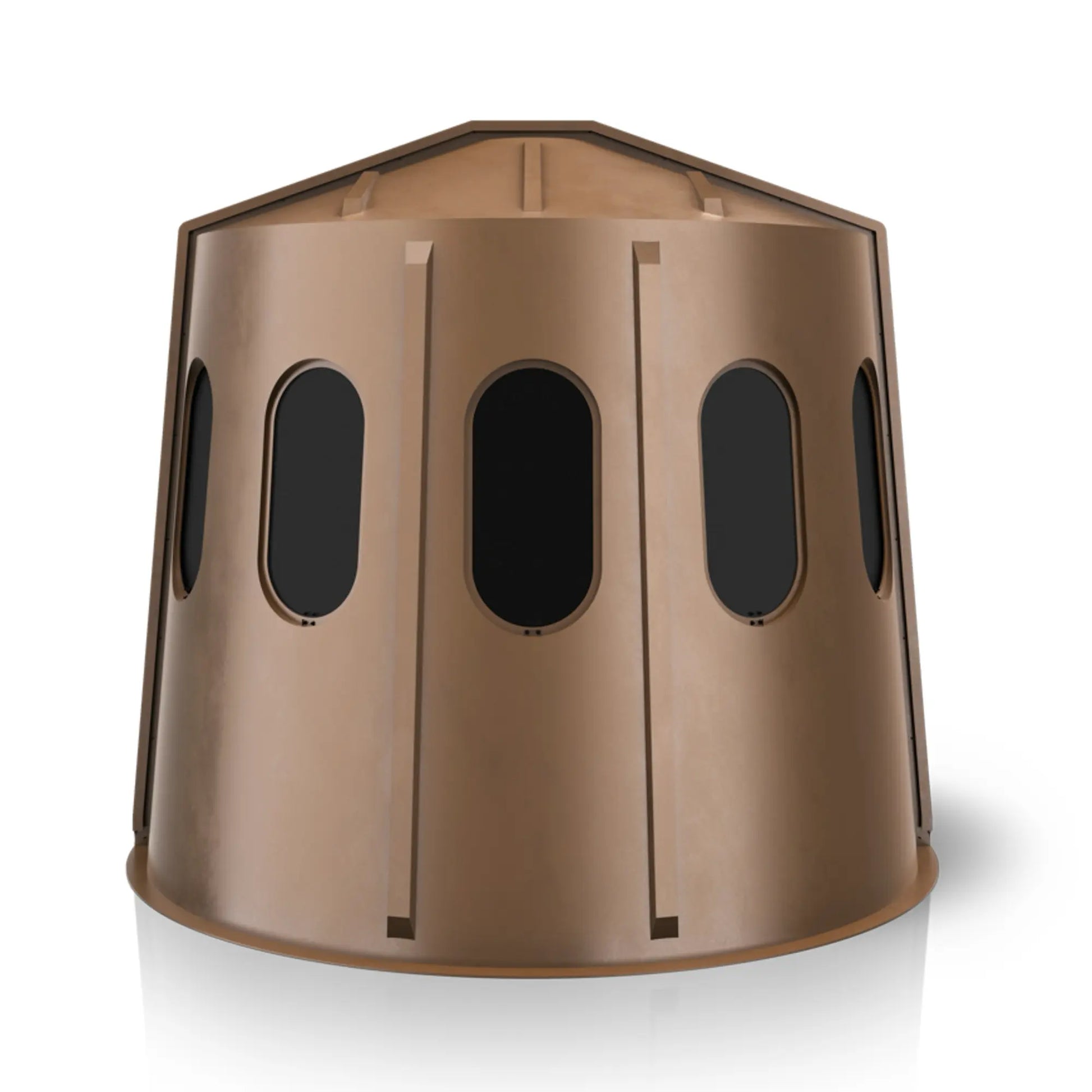 Maverick 6 Shooter brown deer hunting blind rear view with tinted windows, concealment-focused ground blind sold by Outdoors For Less