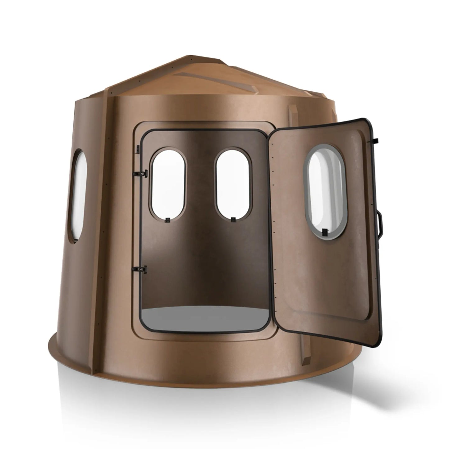 Maverick 6 Shooter brown deer hunting blind with front door open and clear windows, interior access view sold by Outdoors For Less