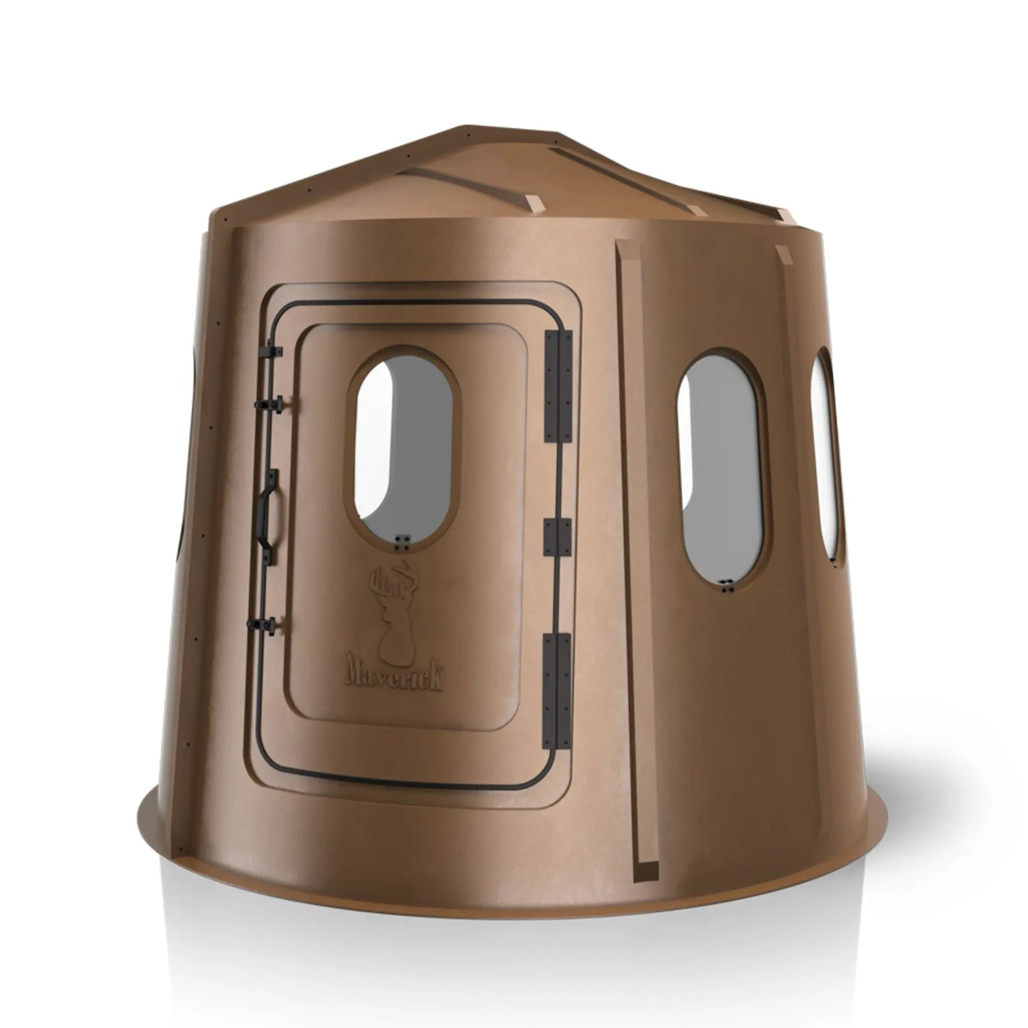 Maverick 6 Shooter brown deer hunting blind front view with clear windows, wide-visibility ground blind sold by Outdoors For Less
