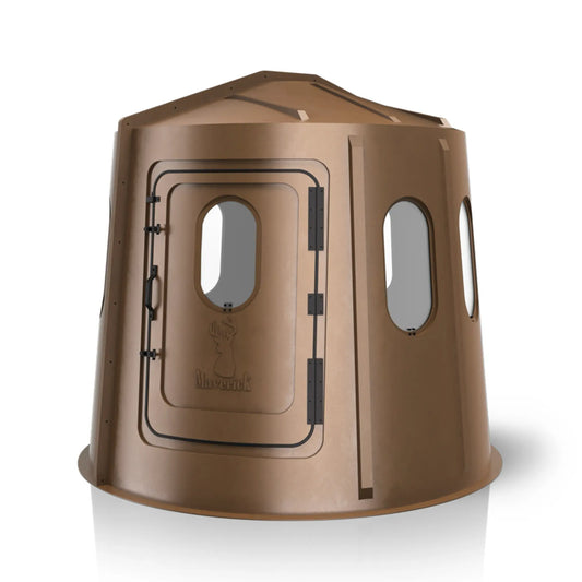 Maverick 6 Shooter brown deer hunting blind front view with clear windows, wide-visibility ground blind sold by Outdoors For Less
