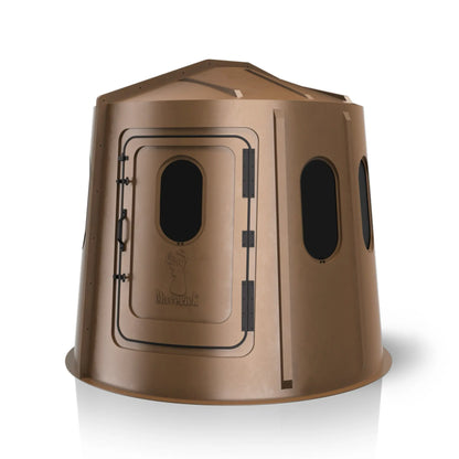 Maverick 6 Shooter brown deer hunting blind front view with tinted windows, low-profile ground blind sold by Outdoors For Less
