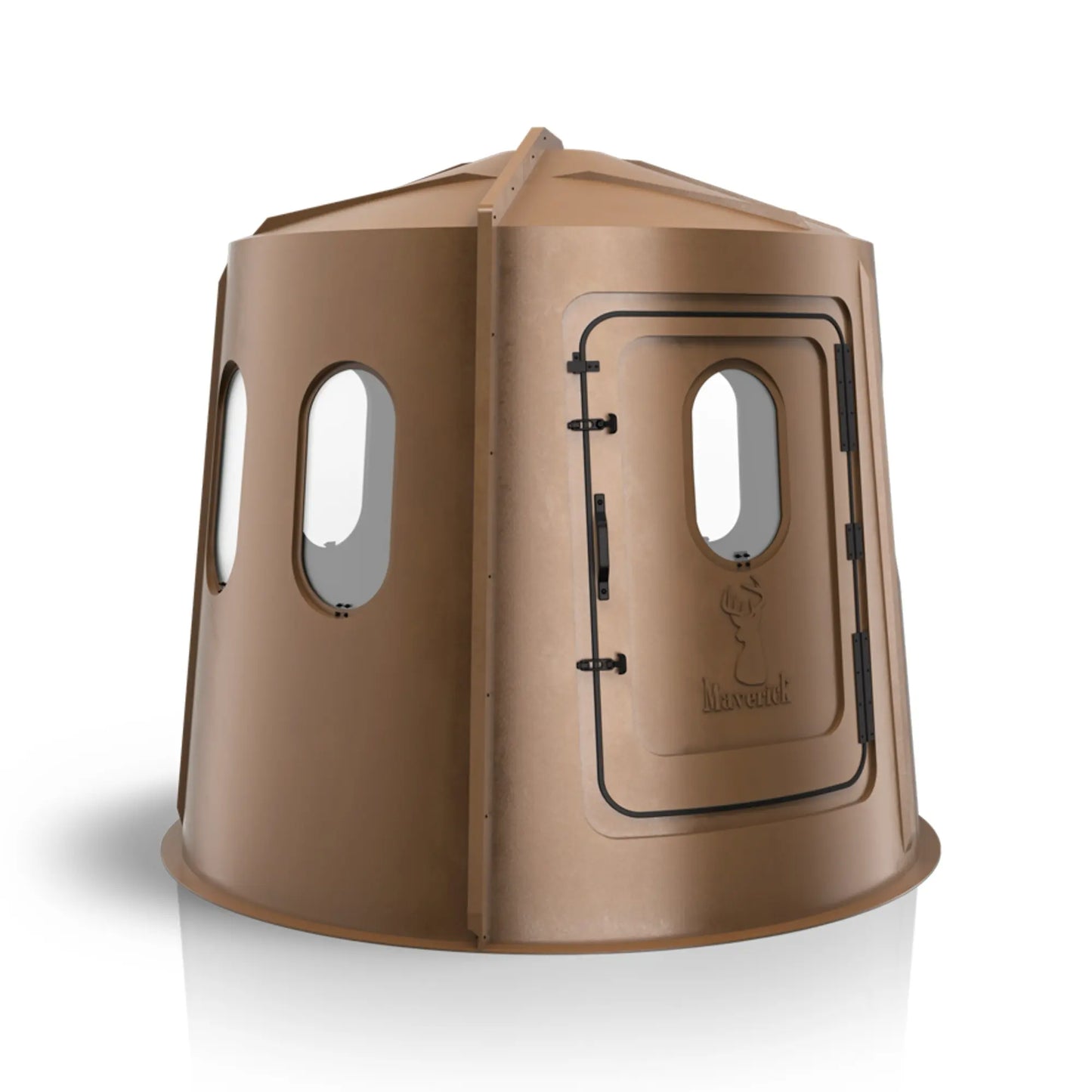 Maverick 6 Shooter brown deer hunting blind left side view with clear windows, compact ground blind sold by Outdoors For Less