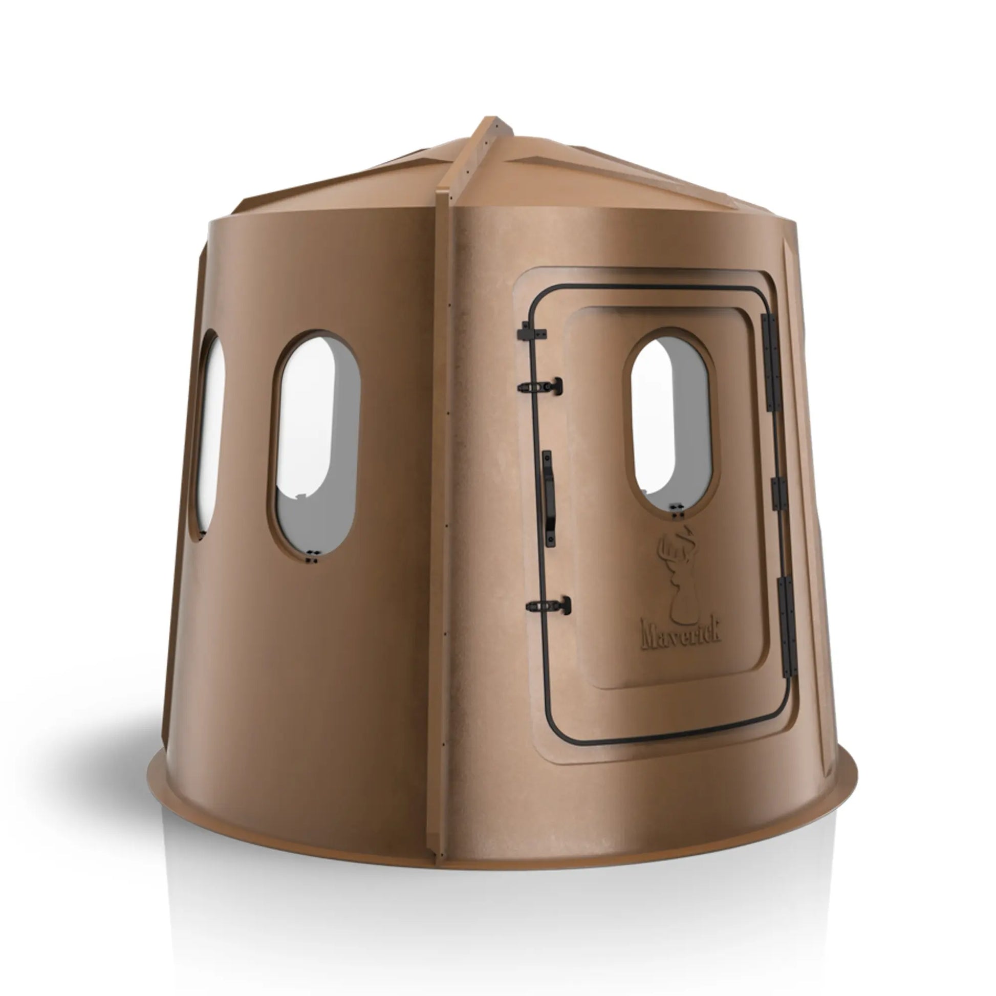 Maverick 6 Shooter brown deer hunting blind left side view with clear windows, compact ground blind sold by Outdoors For Less