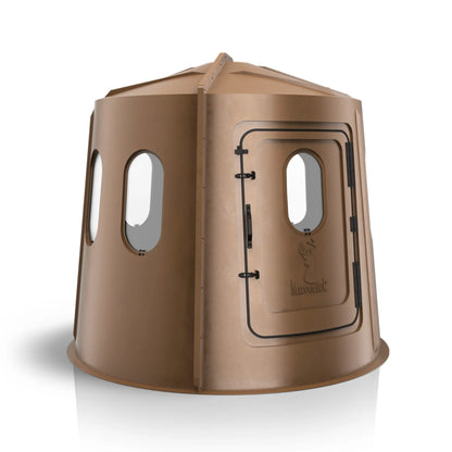 Maverick 6 Shooter brown deer hunting blind left side view with clear windows, compact ground blind sold by Outdoors For Less