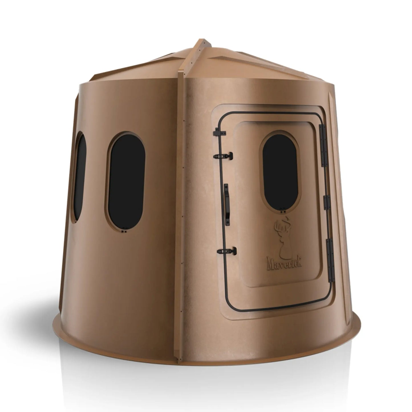 Maverick 6 Shooter brown deer hunting blind left side view with tinted windows, concealment-focused ground blind sold by Outdoors For Less