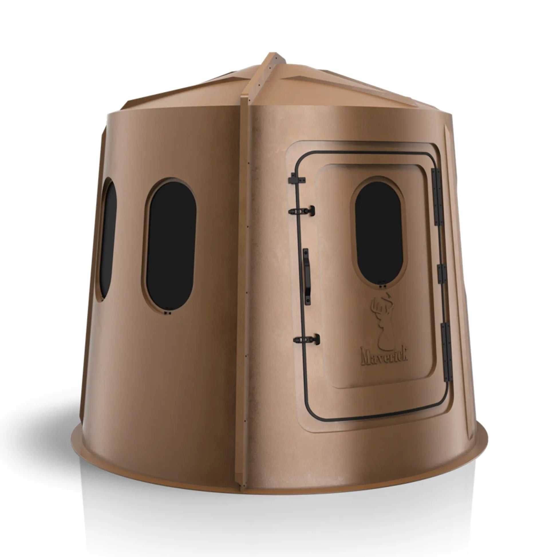 Maverick 6 Shooter brown deer hunting blind left side view with tinted windows, concealment-focused ground blind sold by Outdoors For Less