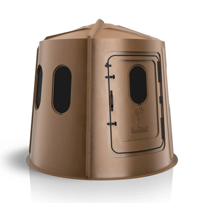Maverick 6 Shooter brown deer hunting blind left side view with tinted windows, concealment-focused ground blind sold by Outdoors For Less