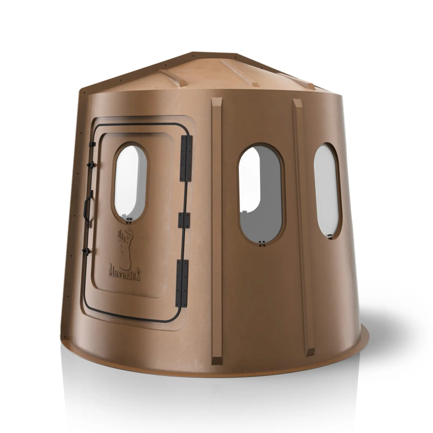 Maverick 6 Shooter brown deer hunting blind right side view with clear windows, compact ground blind sold by Outdoors For Less