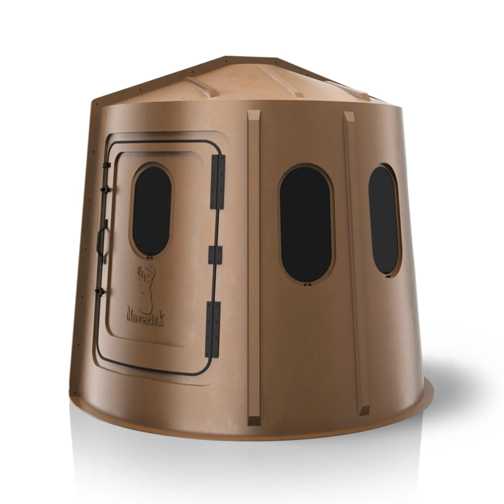 Maverick 6 Shooter brown deer hunting blind right side view with tinted windows, low-profile ground blind sold by Outdoors For Less