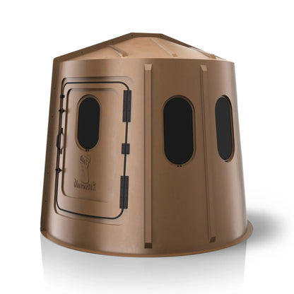 Maverick 6 Shooter brown deer hunting blind right side view with tinted windows, low-profile ground blind sold by Outdoors For Less