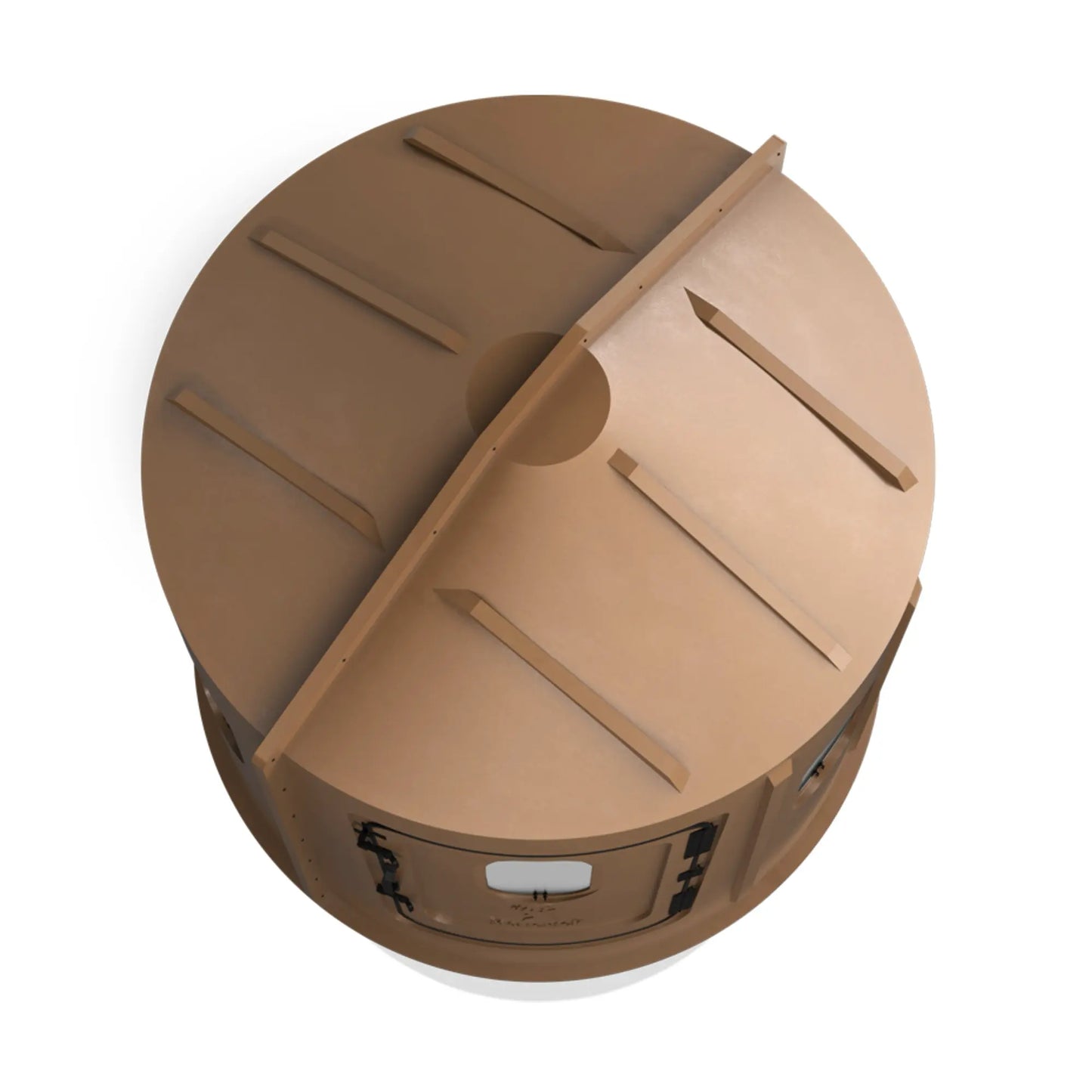 Top-down view of the Maverick 6 Shooter brown deer hunting blind roof with clear window panels, durable molded construction sold by Outdoors For Less