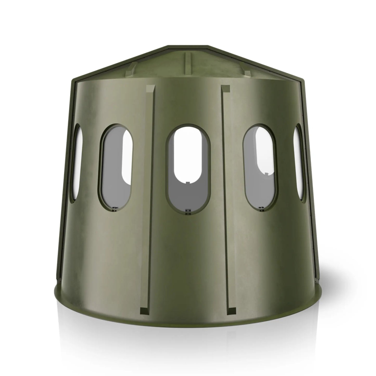 Maverick 6 Shooter green deer hunting blind rear view with clear windows, compact ground blind sold by Outdoors For Less